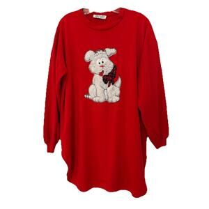 .Vtg 1990s Sears Christmas Puppy Dog Nightshirt Fleece PJ Tunic Sweater Women XL